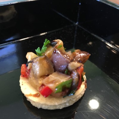 Roasted Eggplant Bruschetta, Pistachio Hummus