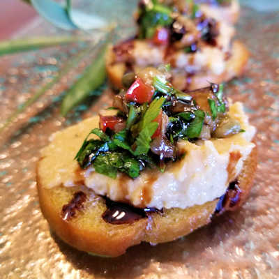 Cumin Hummus Crostini with Eggplant Caponata